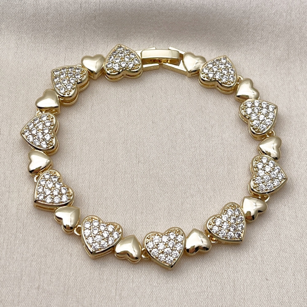 Oro Laminado Tennis Bracelet, Gold Filled Style Heart Design, with White Cubic Zirconia, Polished, Golden Finish