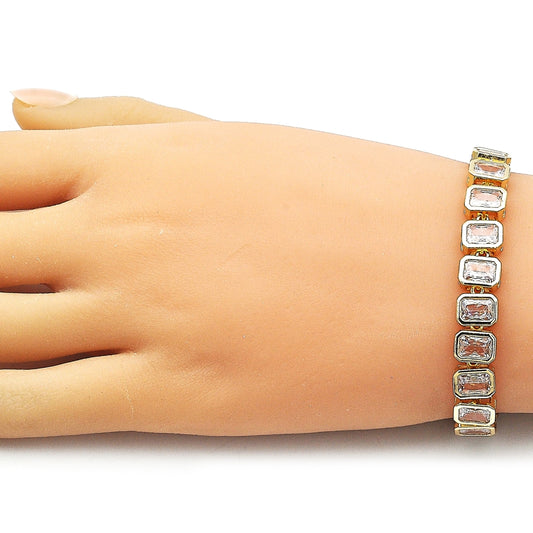 Oro Laminado Tennis Bracelet, Gold Filled Style Baguette Design, with White Cubic Zirconia, Polished, Golden Finish
