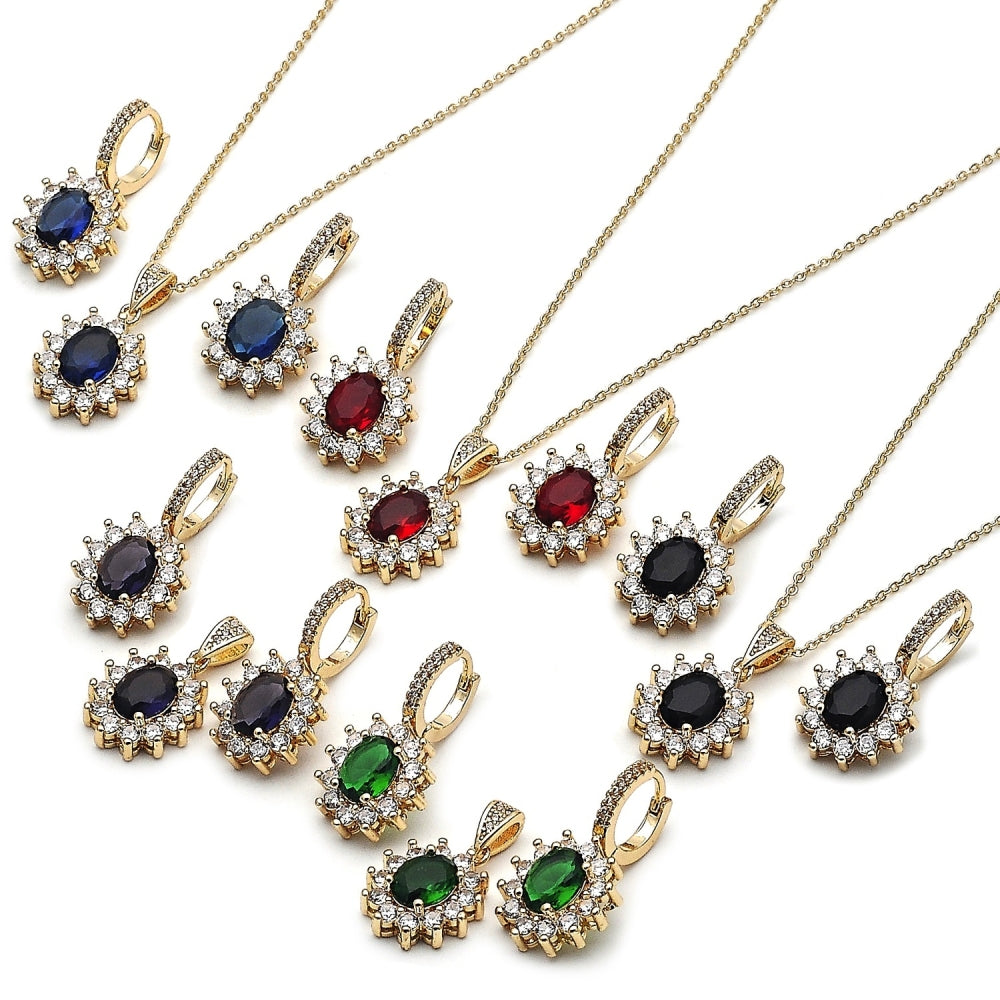 Oro Laminado Earring and Pendant Adult Set, Gold Filled Style Cluster Design, with Sapphire Blue and White Cubic Zirconia, Polished, Golden Finish