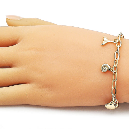 Oro Laminado Charm Bracelet, Gold Filled Style Shell and Snail Design, Polished, Golden Finish