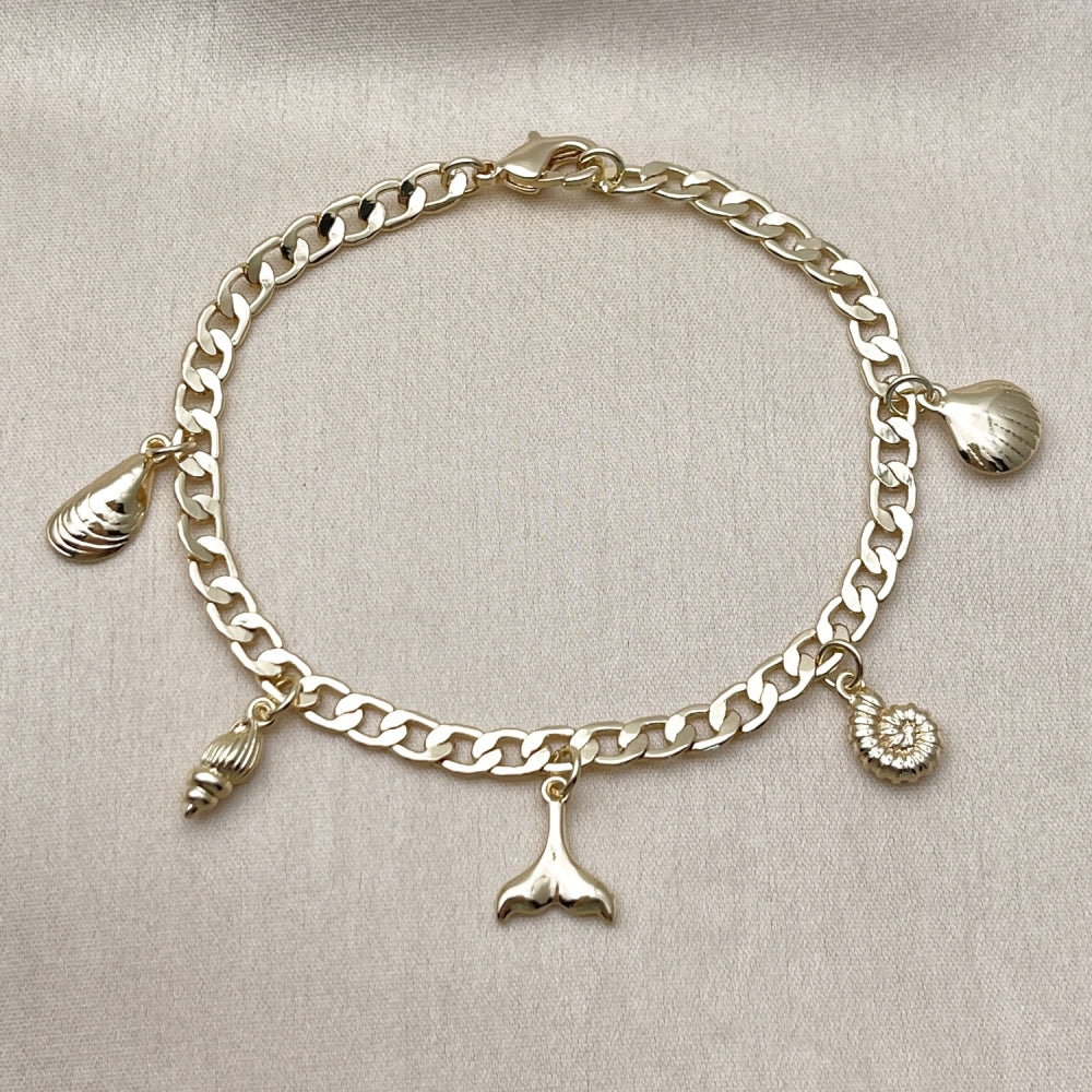 Oro Laminado Charm Bracelet, Gold Filled Style Shell and Snail Design, Polished, Golden Finish