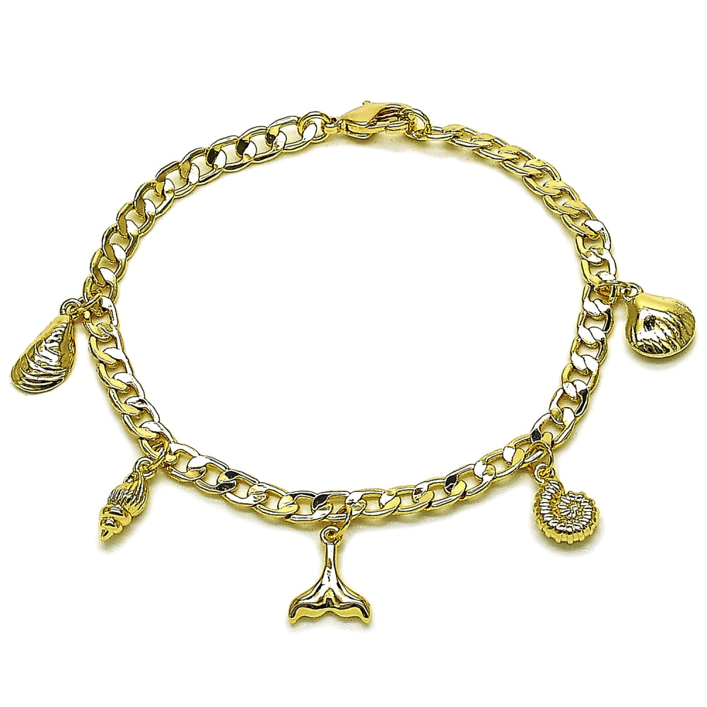 Oro Laminado Charm Bracelet, Gold Filled Style Shell and Snail Design, Polished, Golden Finish