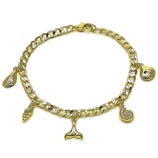 Oro Laminado Charm Bracelet, Gold Filled Style Shell and Snail Design, Polished, Golden Finish
