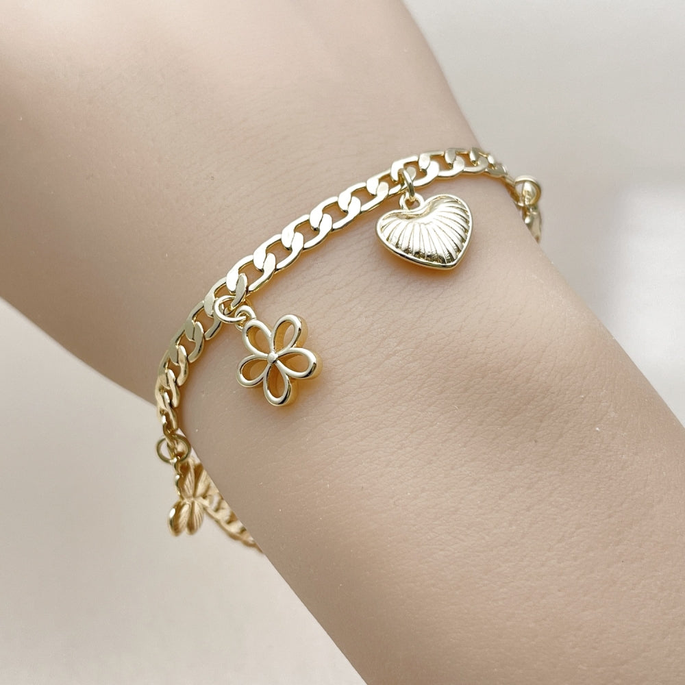 Oro Laminado Charm Bracelet, Gold Filled Style Heart and Butterfly Design, Polished, Golden Finish