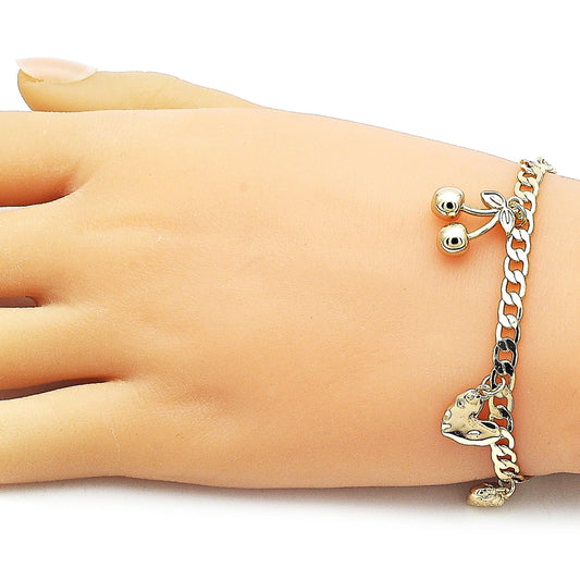 Oro Laminado Charm Bracelet, Gold Filled Style Cherry and Heart Design, Polished, Golden Finish