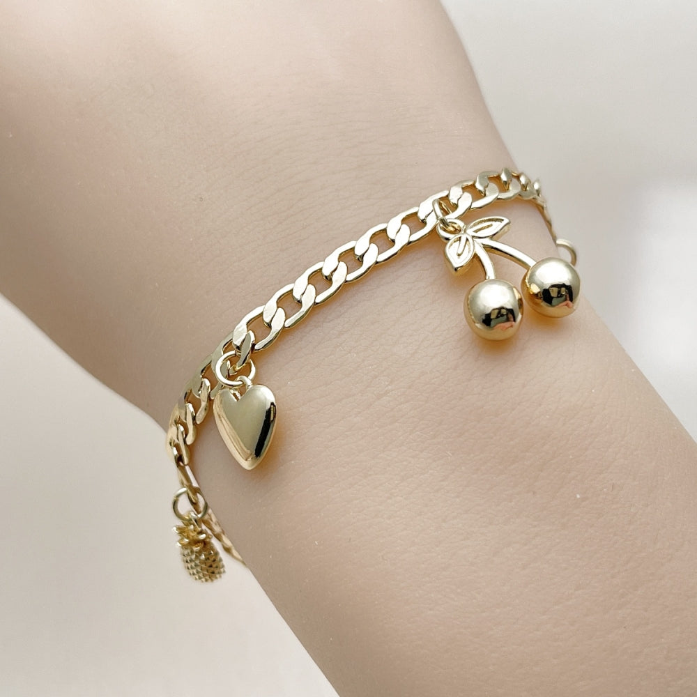 Oro Laminado Charm Bracelet, Gold Filled Style Cherry and Heart Design, Polished, Golden Finish