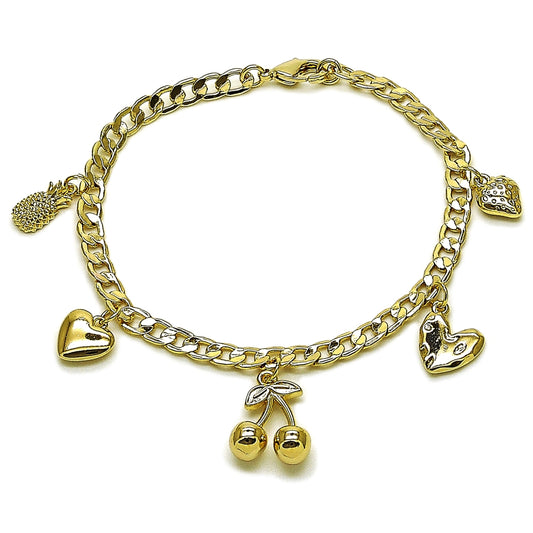 Oro Laminado Charm Bracelet, Gold Filled Style Cherry and Heart Design, Polished, Golden Finish