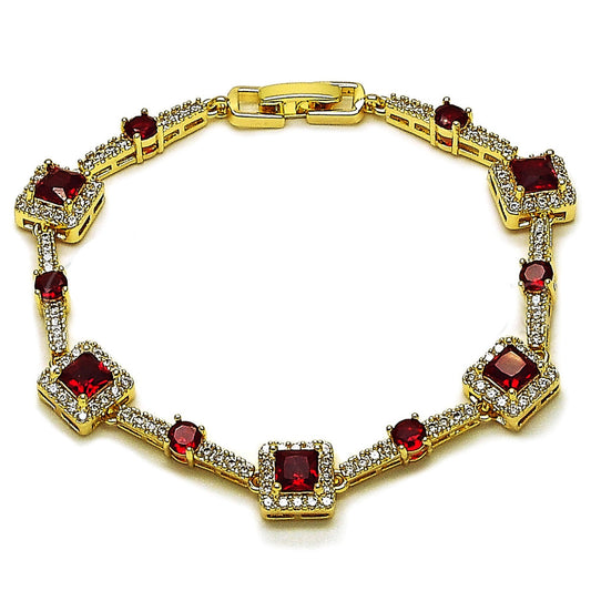 Oro Laminado Tennis Bracelet, Gold Filled Style Cluster Design, with Garnet and White Cubic Zirconia, Polished, Golden Finish