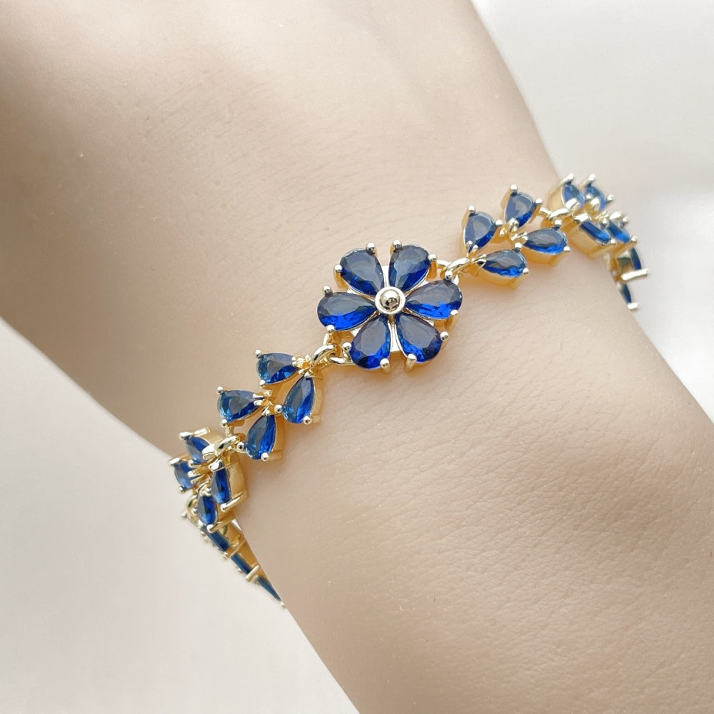 Oro Laminado Tennis Bracelet, Gold Filled Style Flower and Teardrop Design, with Sapphire Blue Cubic Zirconia, Polished, Golden Finish