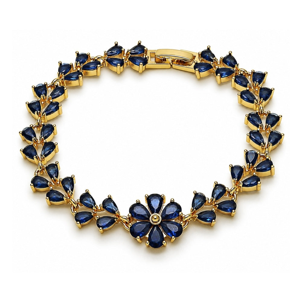 Oro Laminado Tennis Bracelet, Gold Filled Style Flower and Teardrop Design, with Sapphire Blue Cubic Zirconia, Polished, Golden Finish