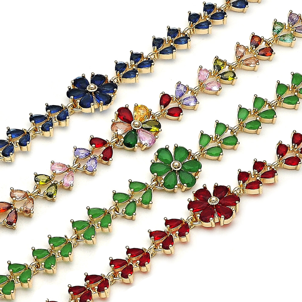 Oro Laminado Tennis Bracelet, Gold Filled Style Flower and Teardrop Design, with Sapphire Blue Cubic Zirconia, Polished, Golden Finish