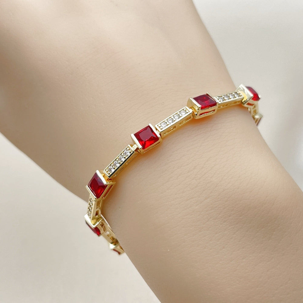 Oro Laminado Tennis Bracelet, Gold Filled Style with Garnet and White Cubic Zirconia, Polished, Golden Finish