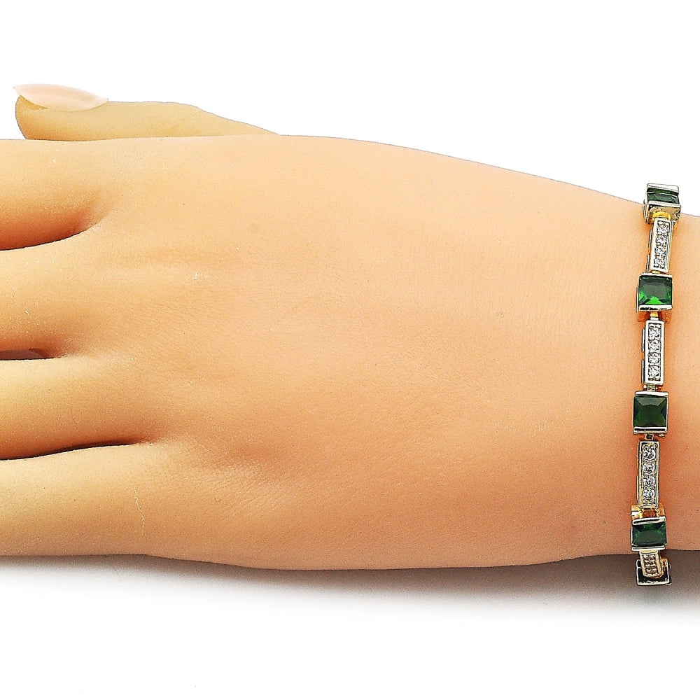 Oro Laminado Tennis Bracelet, Gold Filled Style with Green and White Cubic Zirconia, Polished, Golden Finish