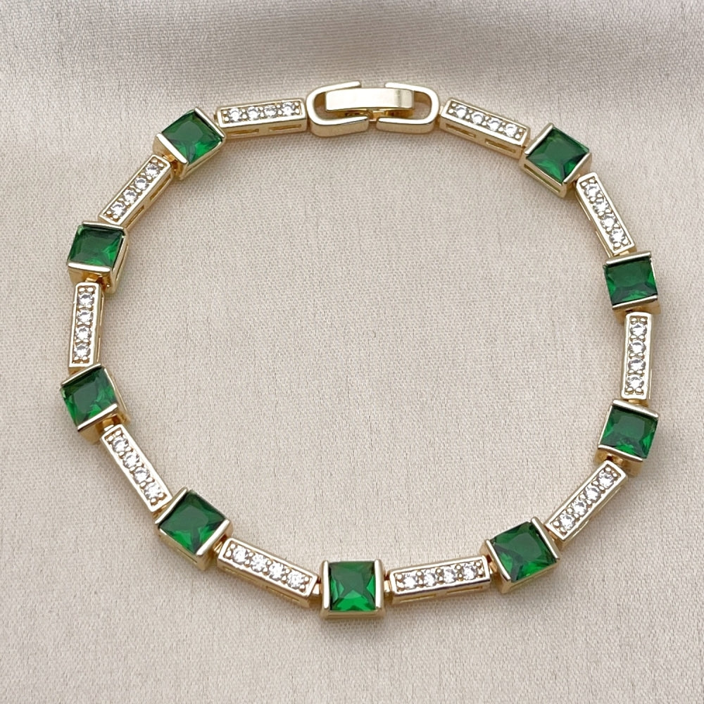 Oro Laminado Tennis Bracelet, Gold Filled Style with Green and White Cubic Zirconia, Polished, Golden Finish