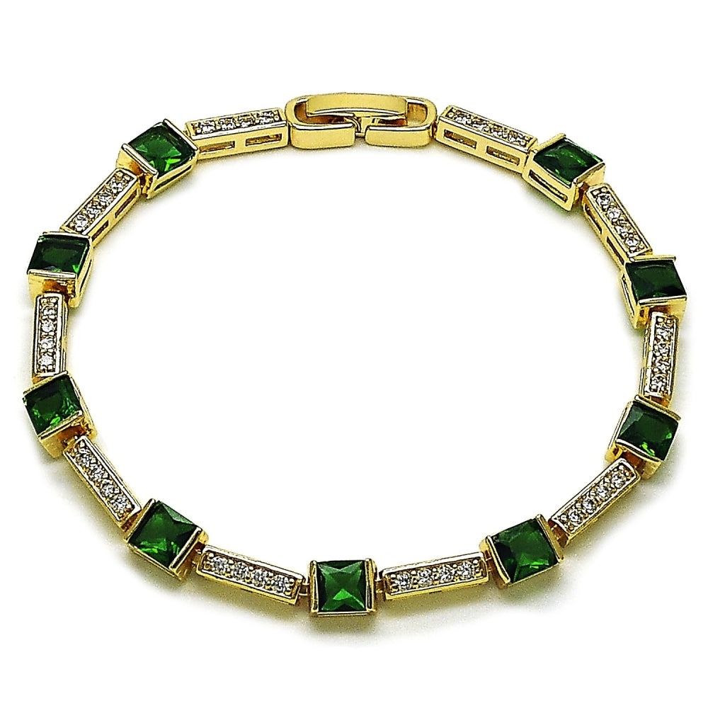 Oro Laminado Tennis Bracelet, Gold Filled Style with Green and White Cubic Zirconia, Polished, Golden Finish