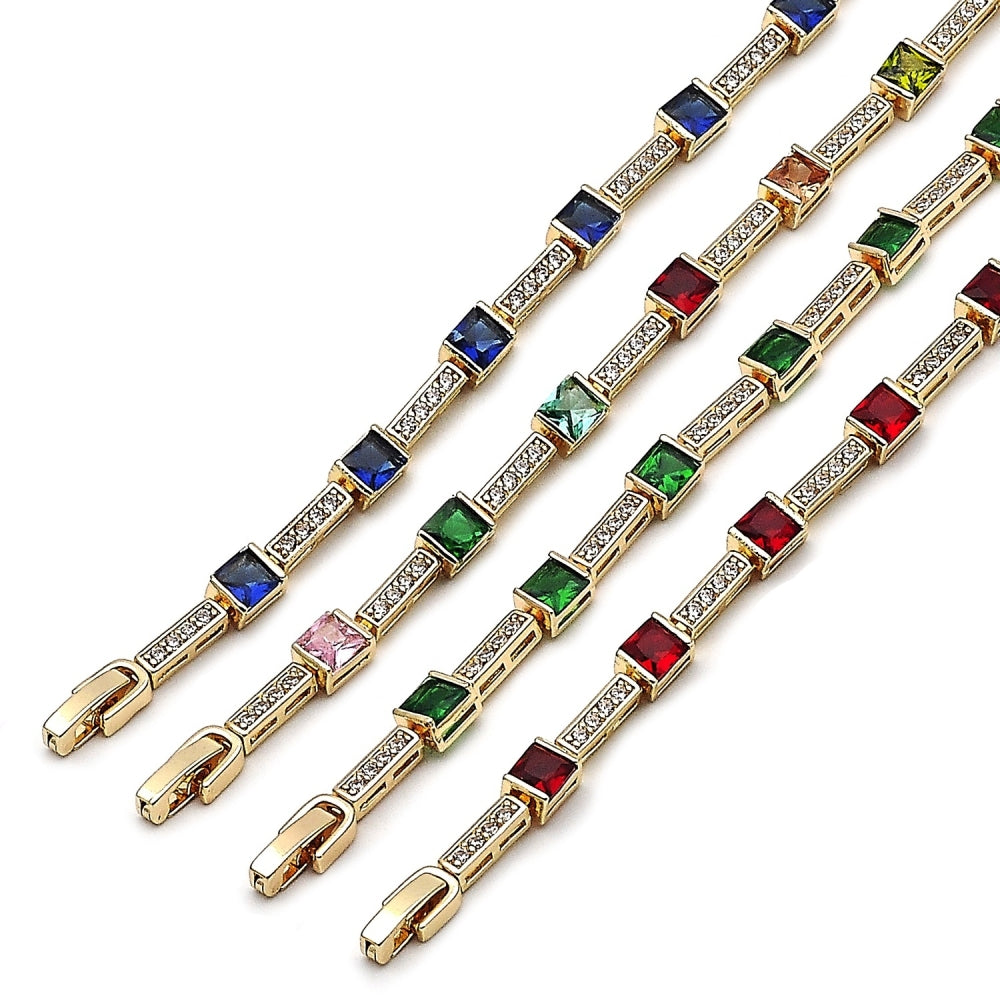 Oro Laminado Tennis Bracelet, Gold Filled Style with Sapphire Blue and White Cubic Zirconia, Polished, Golden Finish
