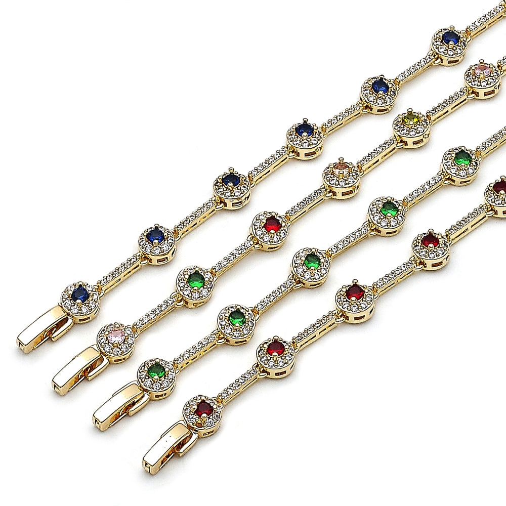 Oro Laminado Tennis Bracelet, Gold Filled Style Cluster Design, with Sapphire Blue and White Cubic Zirconia, Polished, Golden Finish