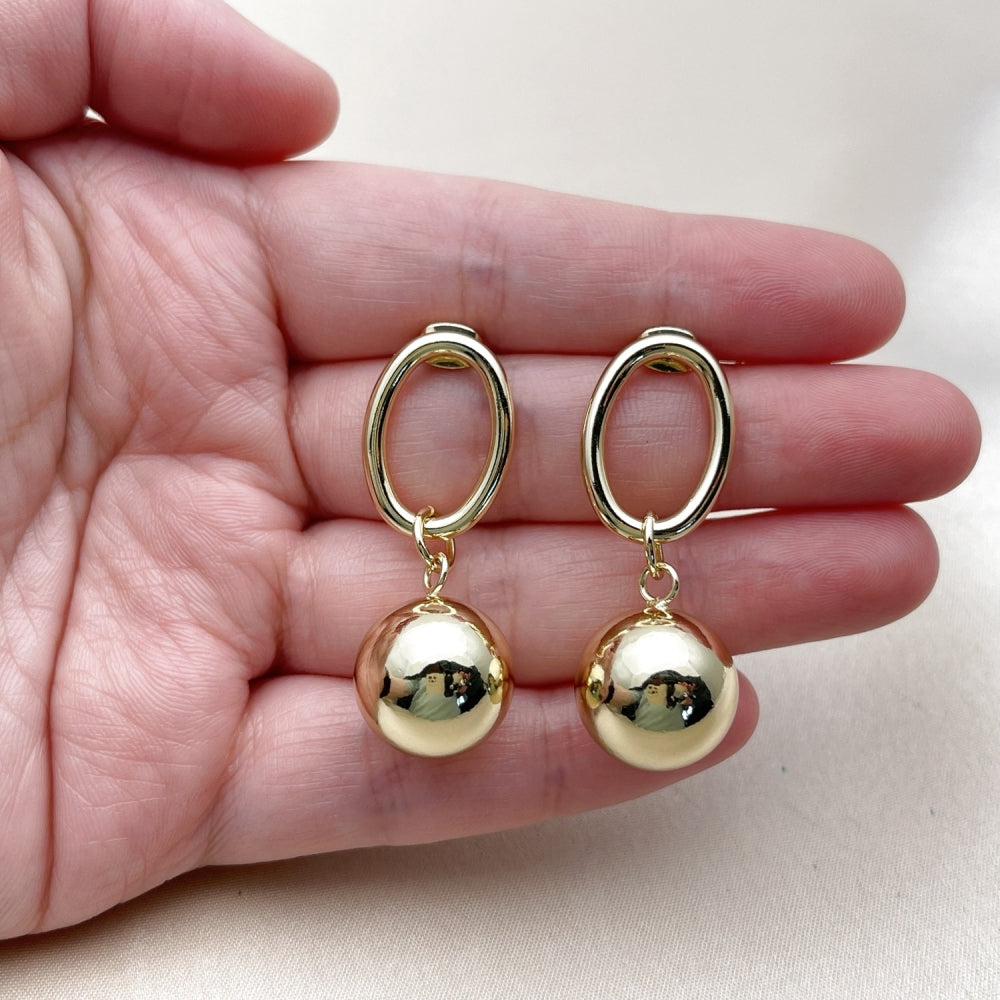 Oro Laminado Dangle Earring, Gold Filled Style Ball Design, Polished, Golden Finish