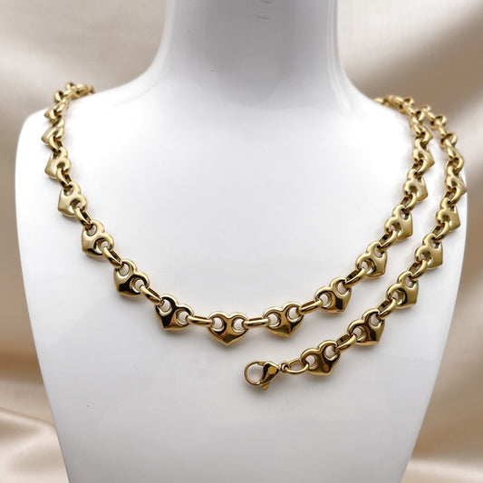 Stainless Steel Necklace and Bracelet, Heart Design, Polished, Golden Finish