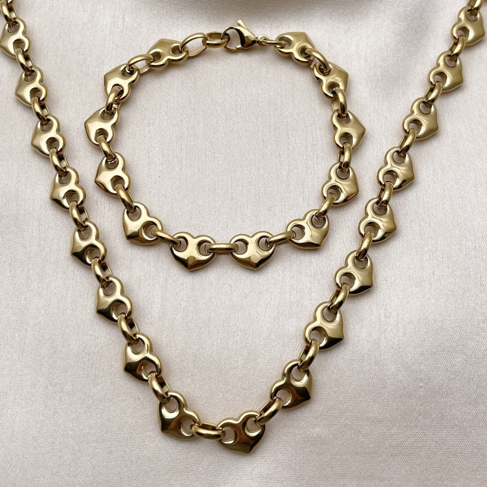 Stainless Steel Necklace and Bracelet, Heart Design, Polished, Golden Finish