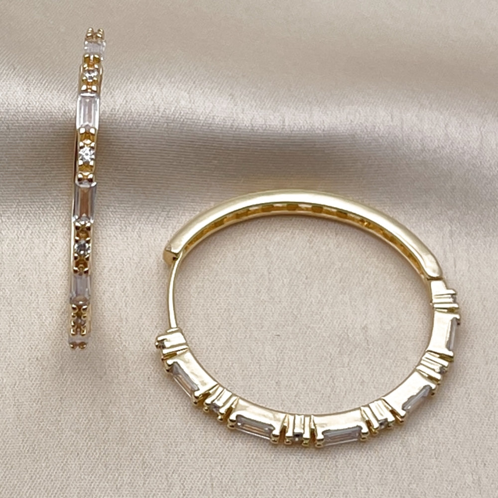 Oro Laminado Huggie Hoop, Gold Filled Style Baguette Design, with White Cubic Zirconia, Polished, Golden Finish