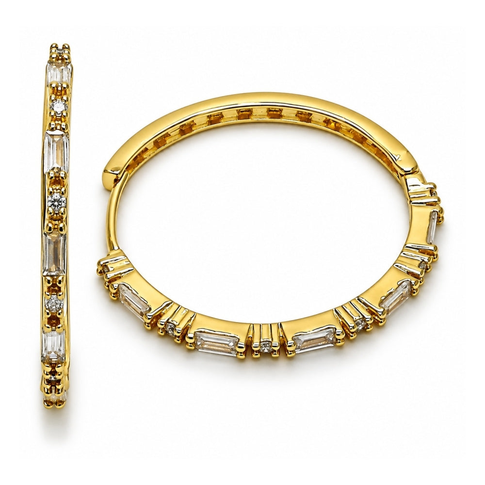 Oro Laminado Huggie Hoop, Gold Filled Style Baguette Design, with White Cubic Zirconia, Polished, Golden Finish