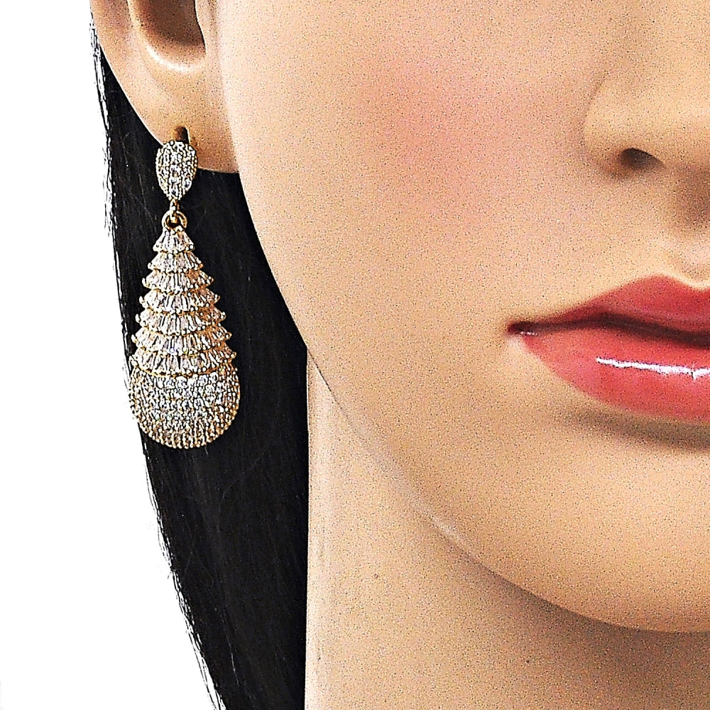 Oro Laminado Dangle Earring, Gold Filled Style Teardrop and Baguette Design, with White Cubic Zirconia, Polished, Golden Finish