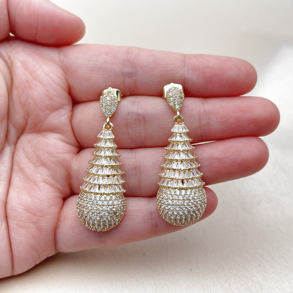 Oro Laminado Dangle Earring, Gold Filled Style Teardrop and Baguette Design, with White Cubic Zirconia, Polished, Golden Finish