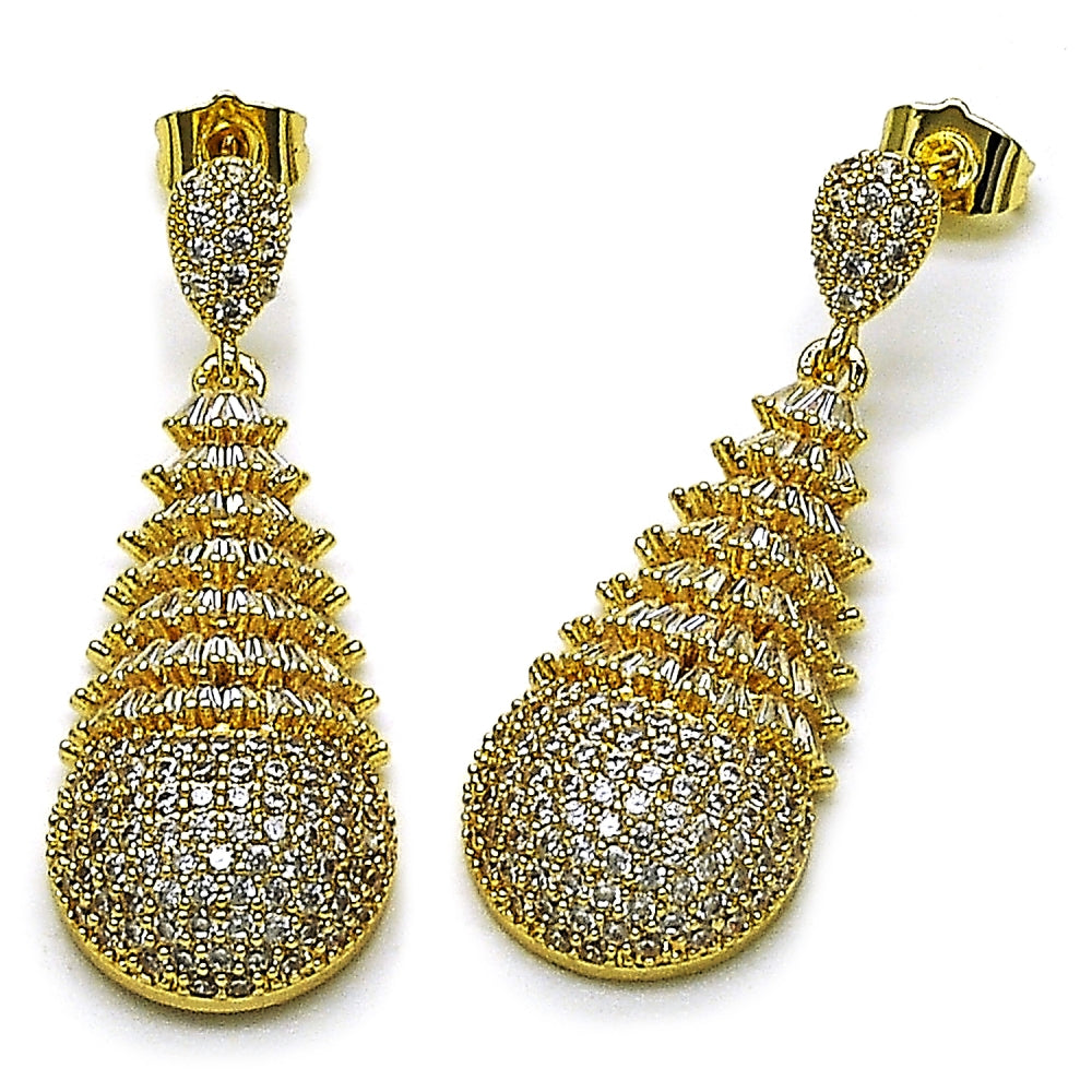 Oro Laminado Dangle Earring, Gold Filled Style Teardrop and Baguette Design, with White Cubic Zirconia, Polished, Golden Finish