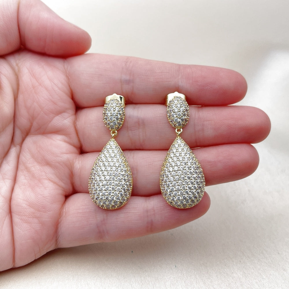 Oro Laminado Dangle Earring, Gold Filled Style Teardrop Design, with White Cubic Zirconia, Polished, Golden Finish