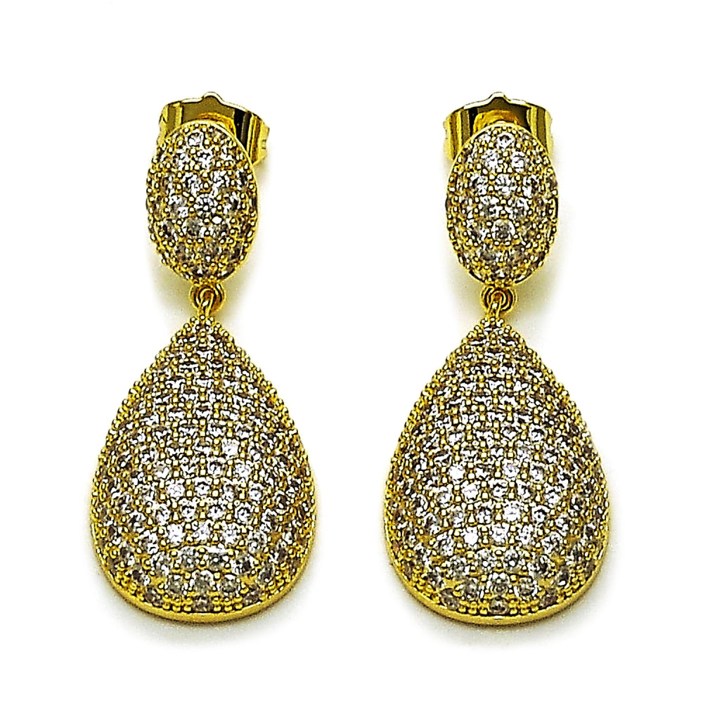 Oro Laminado Dangle Earring, Gold Filled Style Teardrop Design, with White Cubic Zirconia, Polished, Golden Finish