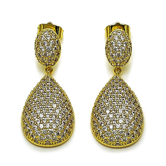Oro Laminado Dangle Earring, Gold Filled Style Teardrop Design, with White Cubic Zirconia, Polished, Golden Finish