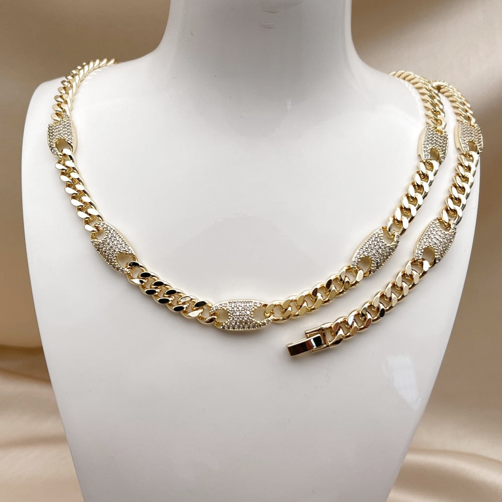 Oro Laminado Necklace and Bracelet, Gold Filled Style Miami Cuban and Puff Mariner Design, with White Cubic Zirconia, Polished, Golden Finish