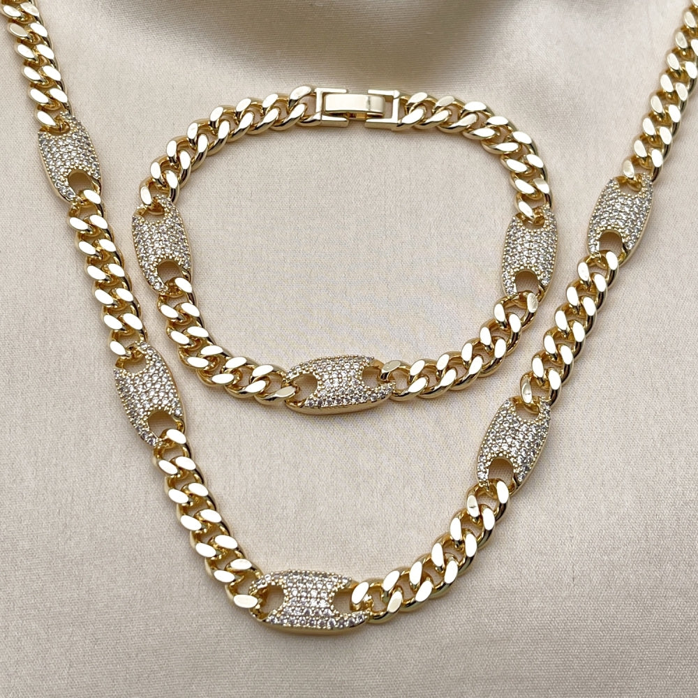 Oro Laminado Necklace and Bracelet, Gold Filled Style Miami Cuban and Puff Mariner Design, with White Cubic Zirconia, Polished, Golden Finish