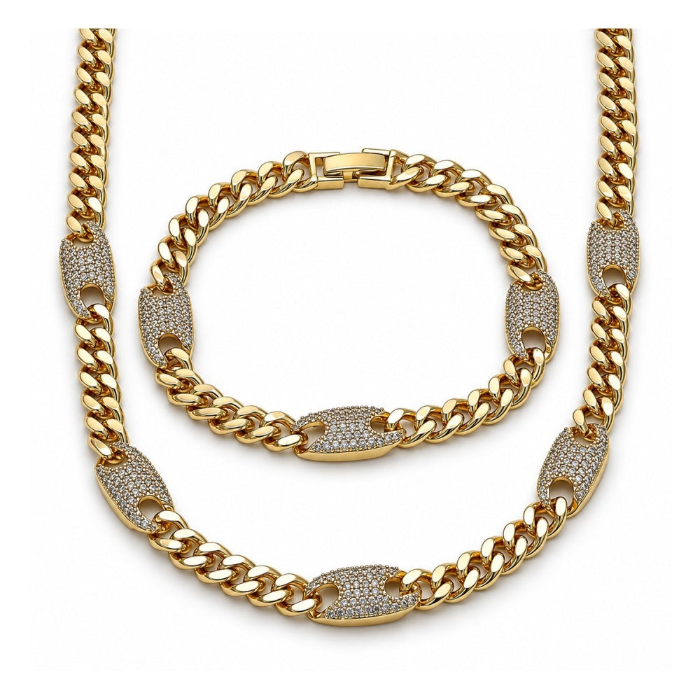 Oro Laminado Necklace and Bracelet, Gold Filled Style Miami Cuban and Puff Mariner Design, with White Cubic Zirconia, Polished, Golden Finish