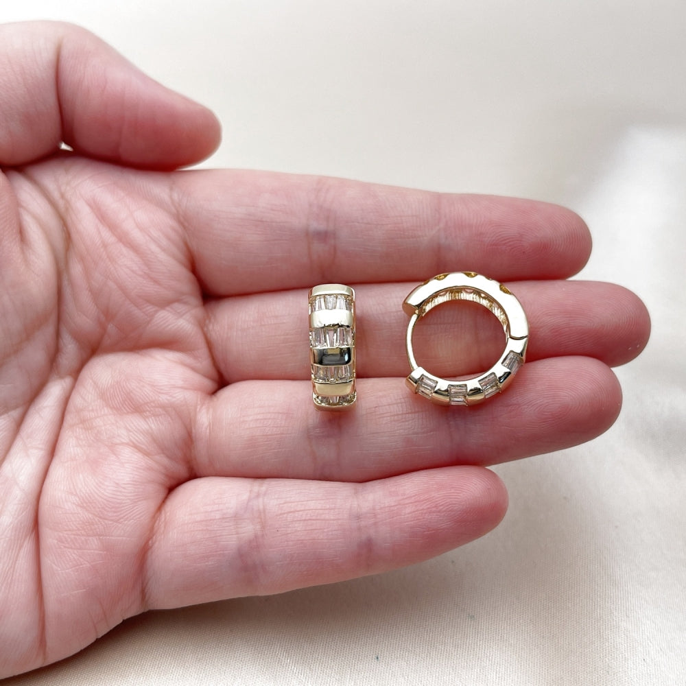Oro Laminado Huggie Hoop, Gold Filled Style Baguette Design, with White Cubic Zirconia, Polished, Golden Finish