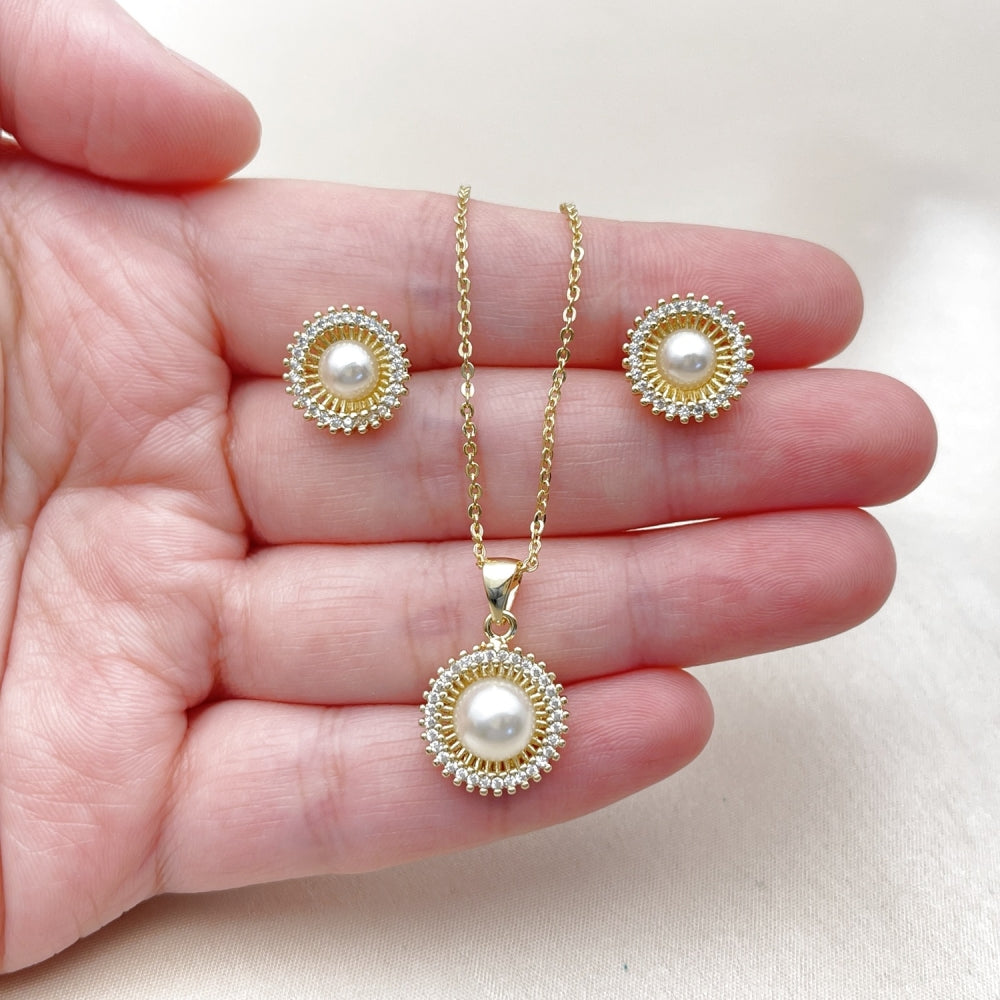 Oro Laminado Earring and Pendant Adult Set, Gold Filled Style Cluster and Ball Design, with White Micro Pave and Ivory Pearl, Polished, Golden Finish