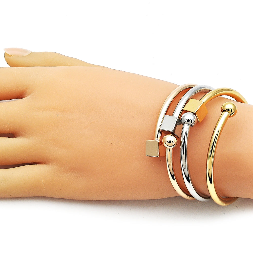 Oro Laminado Trio Bangle, Gold Filled Style Ball and Hollow Design, Polished, Tricolor