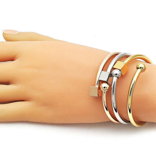 Oro Laminado Trio Bangle, Gold Filled Style Ball and Hollow Design, Polished, Tricolor