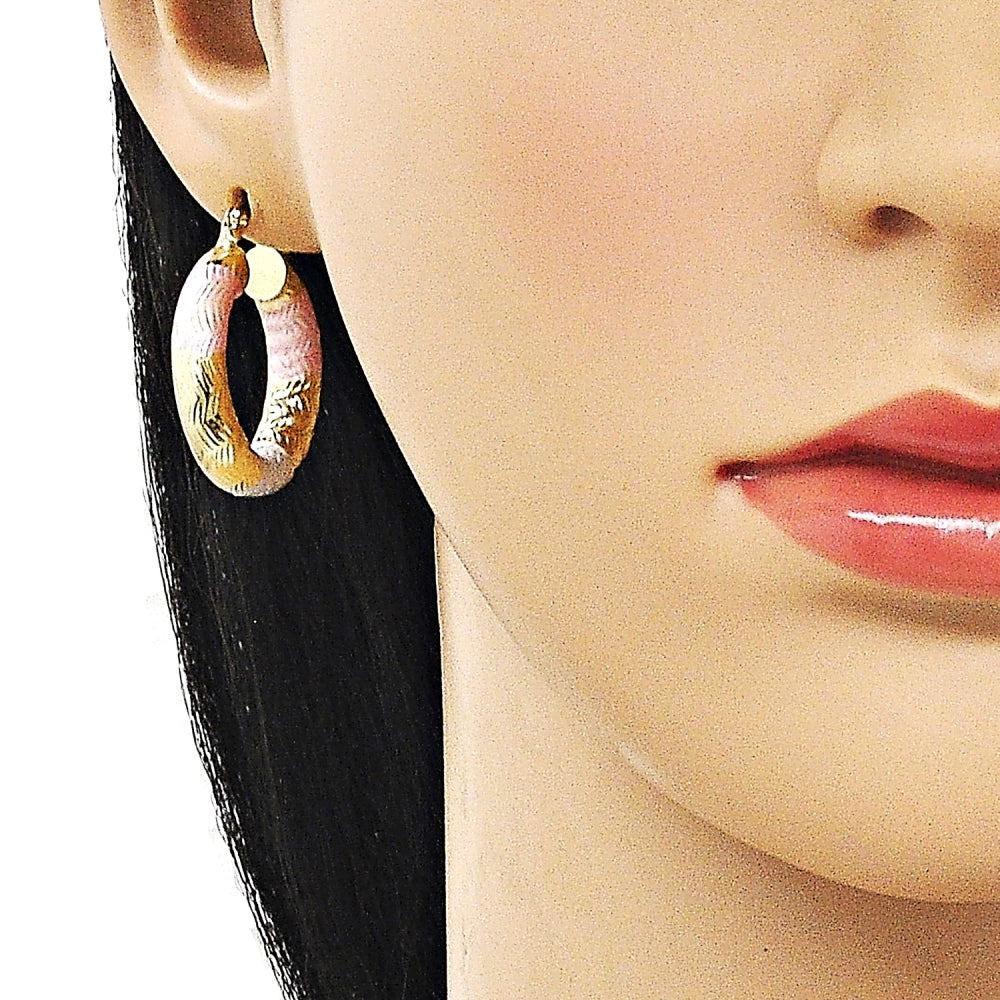 Oro Laminado Medium Hoop, Gold Filled Style Hollow Design, Diamond Cutting Finish, Tricolor
