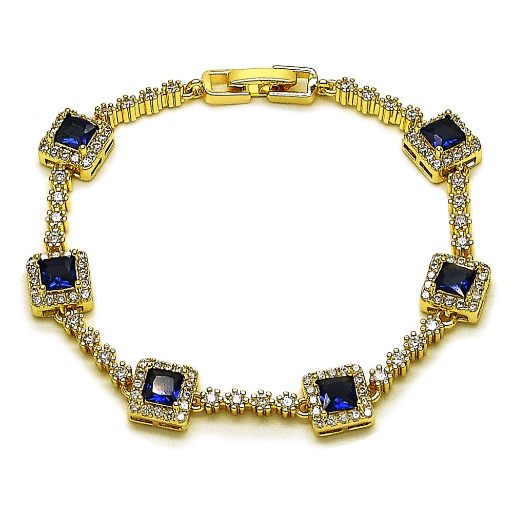 Oro Laminado Tennis Bracelet, Gold Filled Style Cluster Design, with White and Sapphire Blue Cubic Zirconia, Polished, Golden Finish