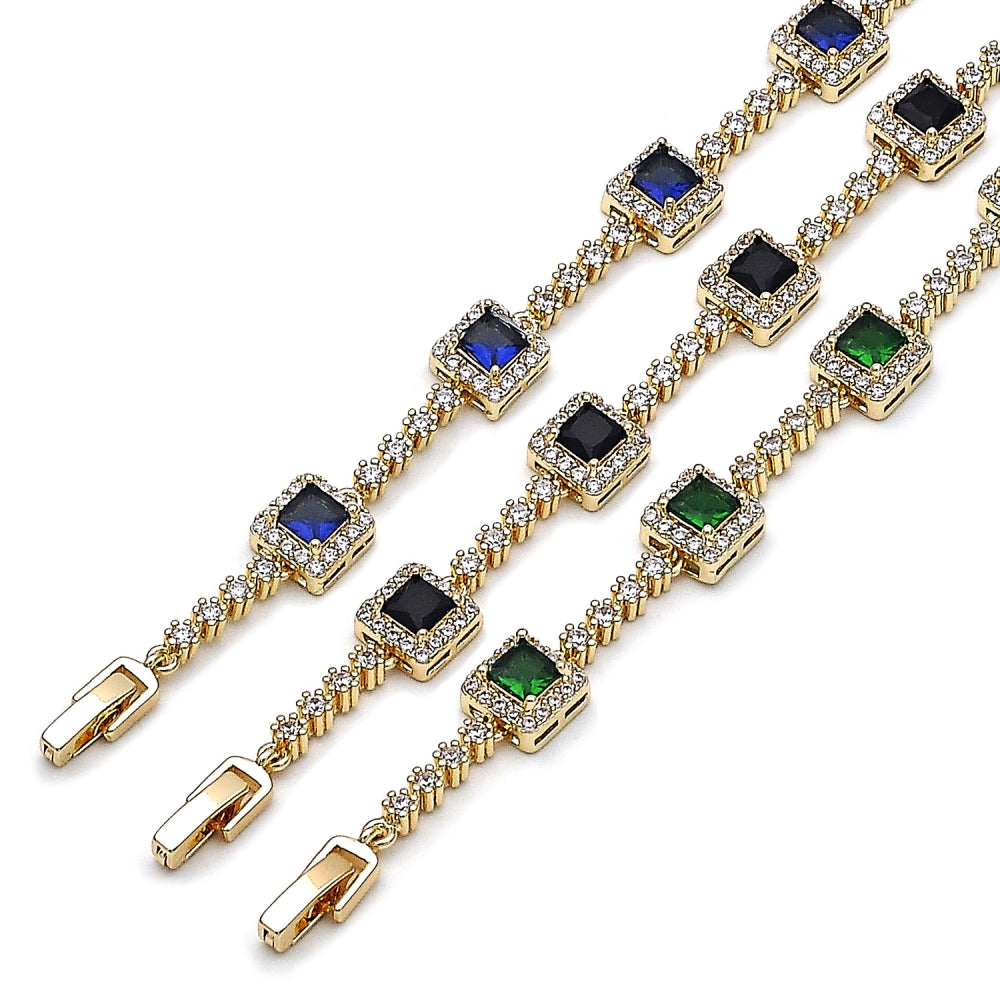 Oro Laminado Tennis Bracelet, Gold Filled Style Cluster Design, with White and Sapphire Blue Cubic Zirconia, Polished, Golden Finish