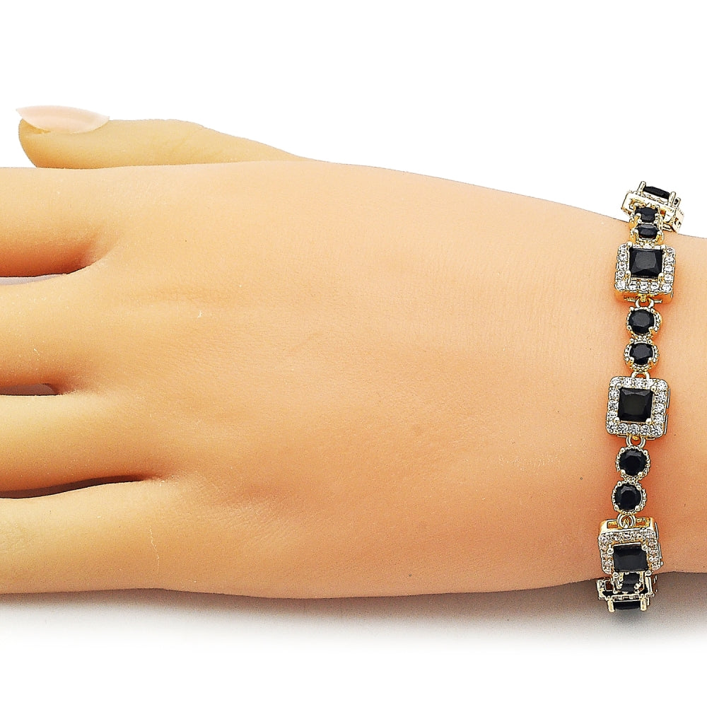 Oro Laminado Tennis Bracelet, Gold Filled Style Cluster Design, with Black and White Cubic Zirconia, Polished, Golden Finish