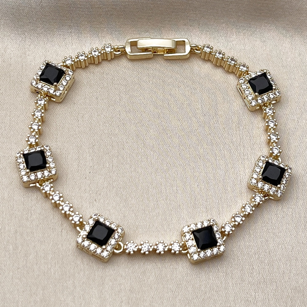 Oro Laminado Tennis Bracelet, Gold Filled Style Cluster Design, with Black and White Cubic Zirconia, Polished, Golden Finish