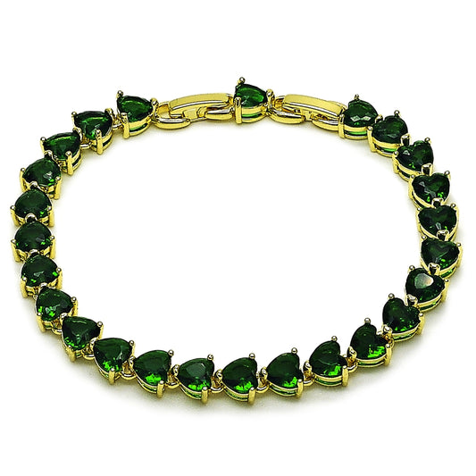 Oro Laminado Tennis Bracelet, Gold Filled Style Heart Design, with Green Cubic Zirconia, Polished, Golden Finish