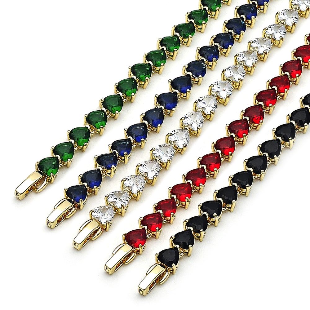 Oro Laminado Tennis Bracelet, Gold Filled Style Heart Design, with Sapphire Blue Cubic Zirconia, Polished, Golden Finish
