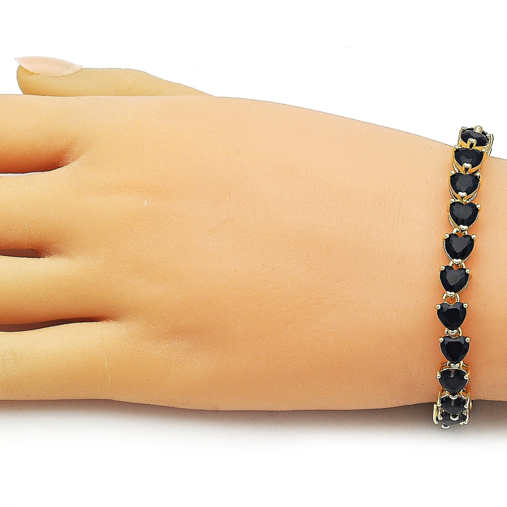 Oro Laminado Tennis Bracelet, Gold Filled Style Heart Design, with Black Cubic Zirconia, Polished, Golden Finish