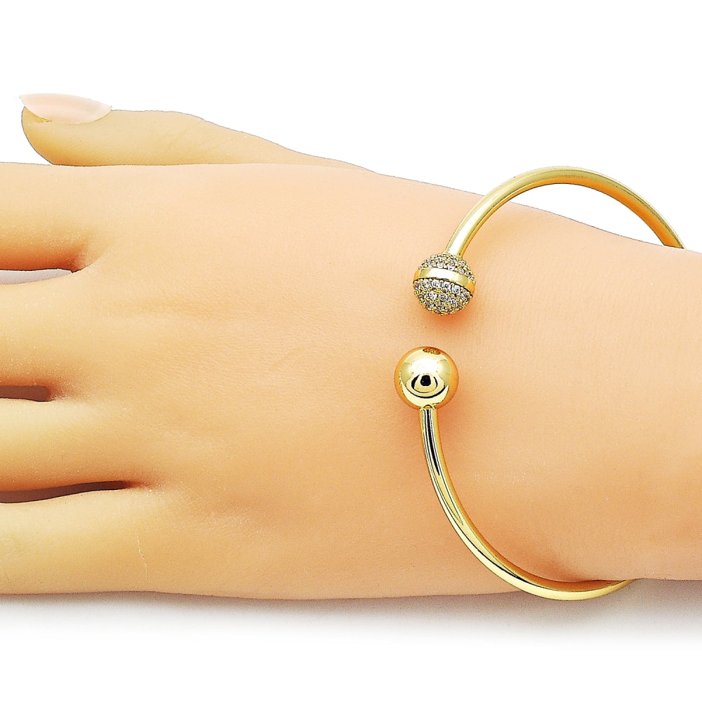 Oro Laminado Individual Bangle, Gold Filled Style Ball Design, with White Cubic Zirconia, Polished, Golden Finish