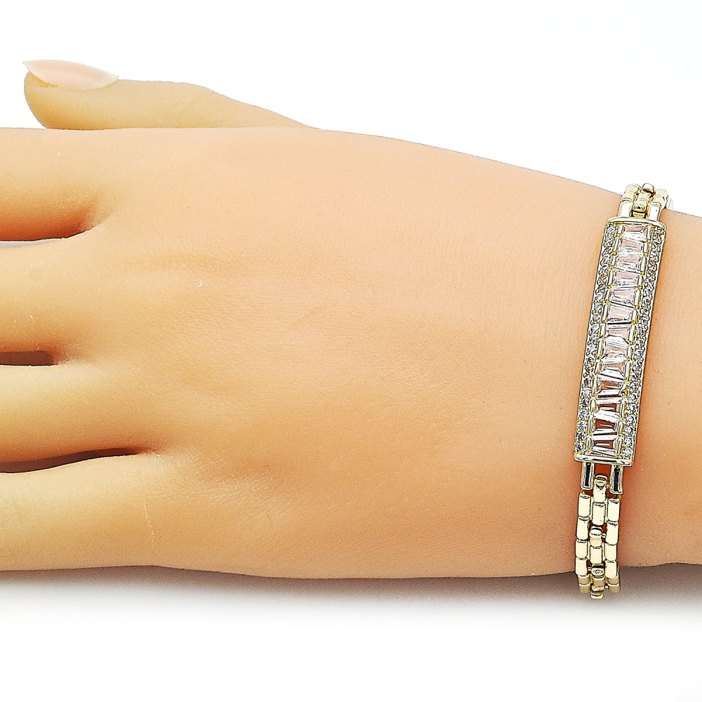 Oro Laminado Fancy Bracelet, Gold Filled Style Baguette and Cluster Design, with White Cubic Zirconia and White Micro Pave, Polished, Golden Finish