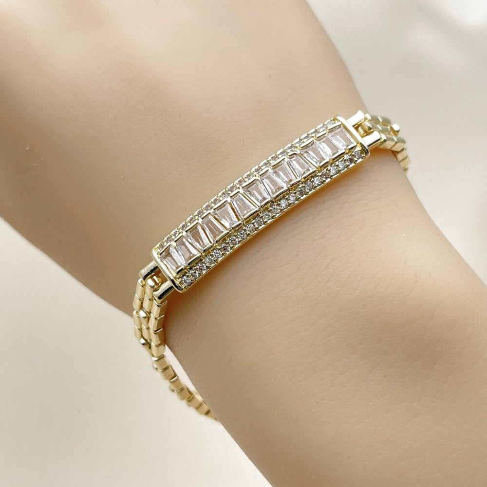 Oro Laminado Fancy Bracelet, Gold Filled Style Baguette and Cluster Design, with White Cubic Zirconia and White Micro Pave, Polished, Golden Finish